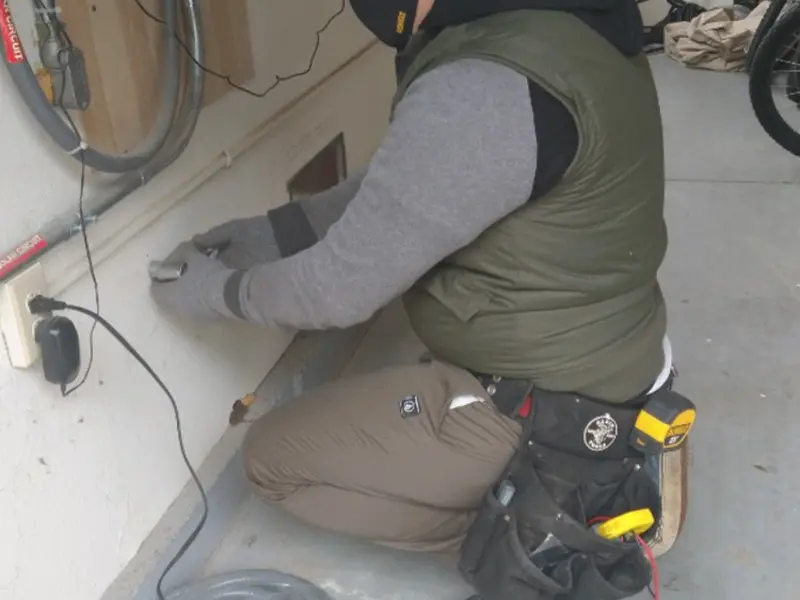 Electrician performing outlet wiring in a Cornelius garage